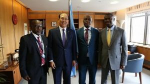 From Left: The Director General of NIMASA, Dr. Dakuku Peterside, Minister of Transportation, Rt. Hon. Rotimi Chibuike Amaechi, IMO Secretary General Mr. Kitack Lim and Nigeria's Alternate Permanent Representative (APR) to the IMO, Mr. Diko Bala during the visit to the IMO head quarters in London 