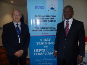 Director General, Nigerian Maritime Administration and Safety Agency (NIMASA), Dr. Dakuku Peterside and the International Maritime Organisation (IMO) Lead Consultant, Mr. Brian Cranmer during the opening ceremony of a five-day training organised by IMO in conjunction with NIMASA on ISPS Code Compliance in Nigeria, in Lagos. 