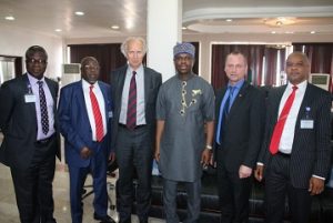 From Left: The Executive Director Operations of the Nigerian Maritime Administration and Safety Agency (NIMASA), Engr. Rotimi Fashakin, Executive Director Maritime Labour and Cabotage Services, NIMASA, Mr. Gambo Ahmed, Norwegian Ambassador to Nigeria Mr. Jens-Peter Kjemprud, the Director General, NIMASA, Dr. Dakuku Peterside, Norwegian Deputy Minister of Trade, Industry and Fisheries, Mr. Ronny Berg and The Executive Director, Finance and Administration, NIMASA, Mr. Bashir Jamoh when the Norwegian delegation paid a courtesy visit to the NIMASA Headquarters in Lagos.