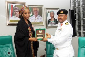 The Managing Director, Nigerian Ports Authority (NPA), Hadiza Bala Usman (left) receiving a plague from the Navy Hydrographer and President, Nigerian Hydrographic Society (NHS), Commodore CE Okafor, when the Commodore paid a courtesy visit to the NPA Management at the Corporate Headquarters in Marina, Lagos. 